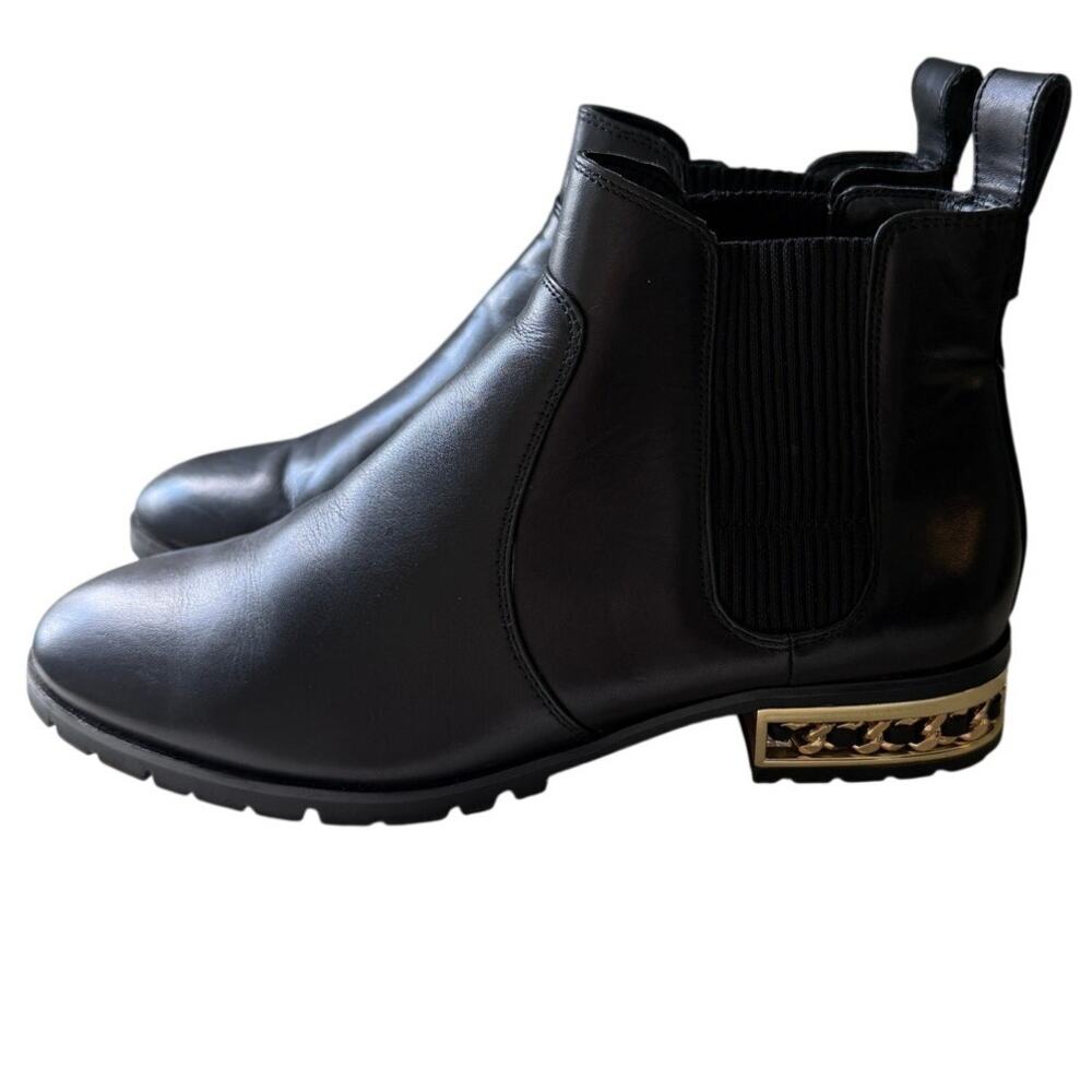 Karl Lagerfeld Paris Black Leather Chelsea Booties Gold Chain Lug Sole 7.5